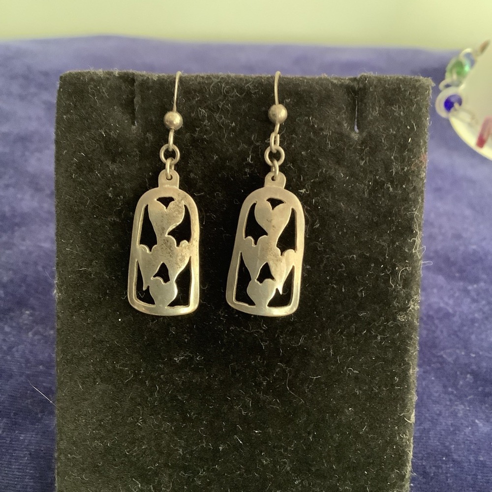 Vintage Heart 925 Sterling Silver Dangle Drop Earrings Hook Closure Rectangular